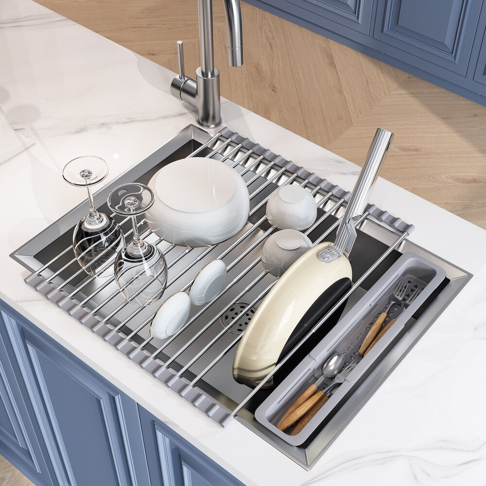Roll Up Dish Drying Rack Over The Sink, 17.1”x13.1”, 18 Silicone Wrapped Steel Rods Heavy Duty, Non-Slip, Oil and Rust Resistant, Heat Resistant Up to 400°F / 204°C (Medium 17.1”x13.1”)
