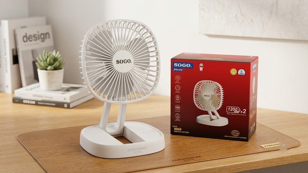 SOGO JPN-410 Portable Rechargeable Folding Desk Fan (Premium Long Battery Life)