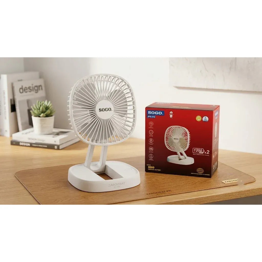 SOGO JPN-410 Portable Rechargeable Folding Desk Fan (Premium Long Battery Life)