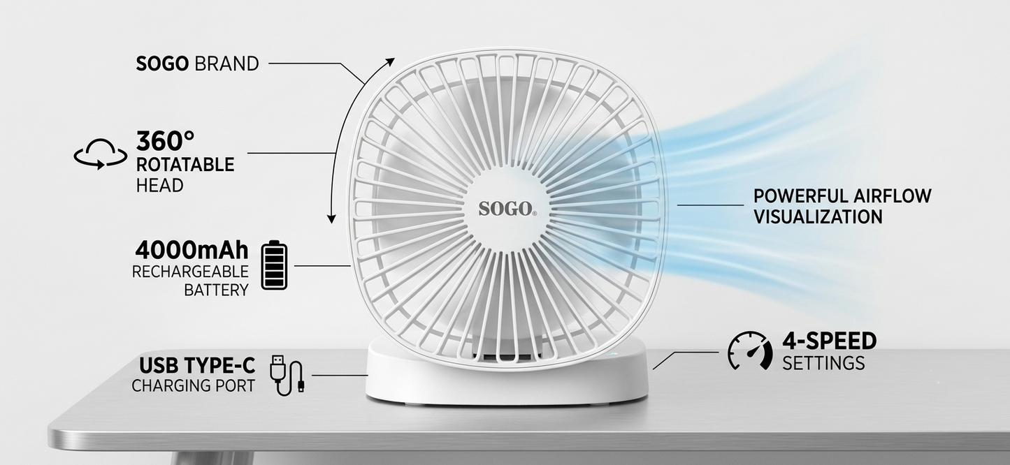 SOGO JPN-410 Portable Rechargeable Folding Desk Fan (Premium Long Battery Life)