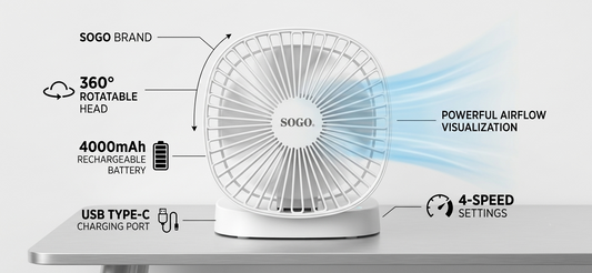 SOGO JPN-410 Portable Rechargeable Folding Desk Fan (Premium Long Battery Life)
