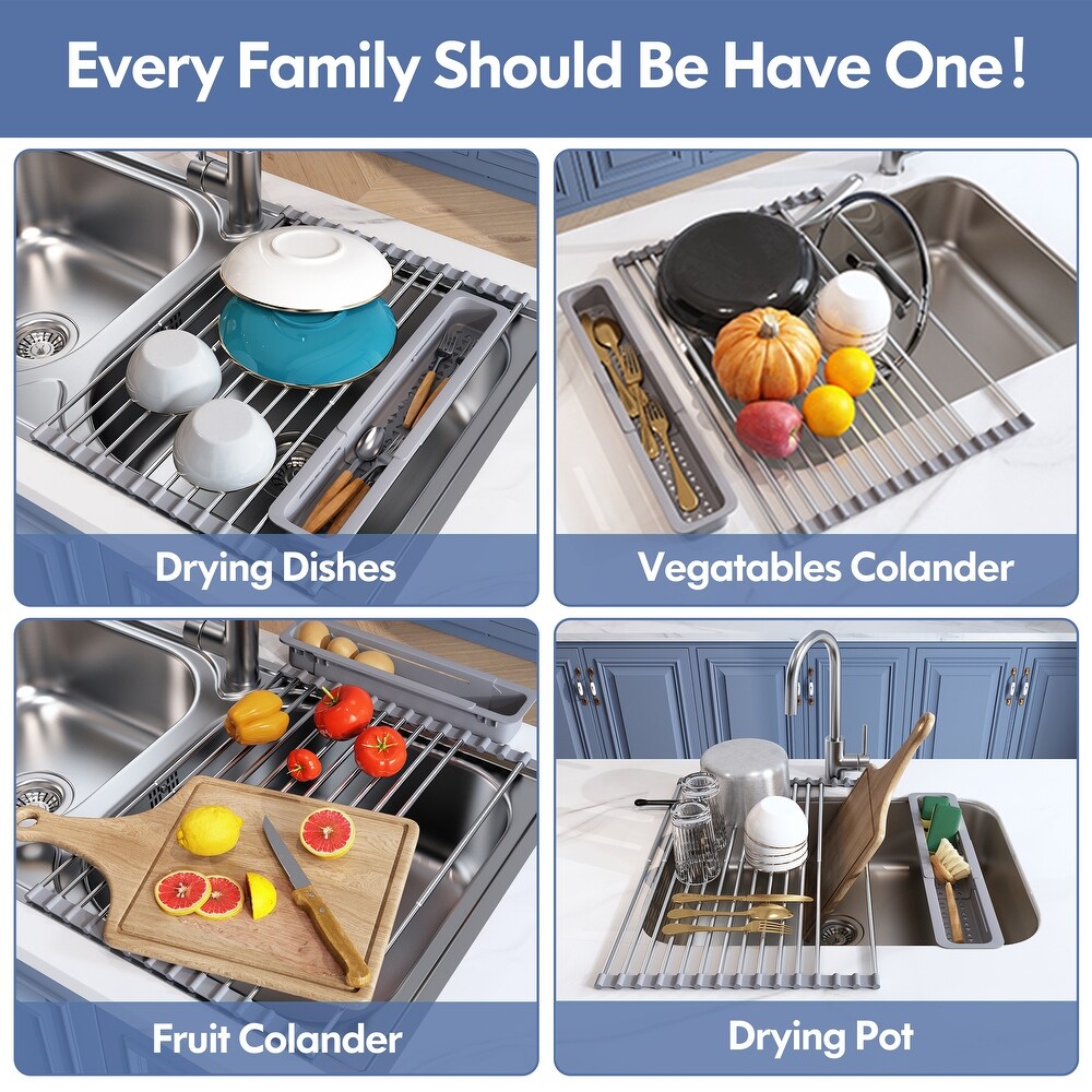 Roll Up Dish Drying Rack Over The Sink, 17.1”x13.1”, 18 Silicone Wrapped Steel Rods Heavy Duty, Non-Slip, Oil and Rust Resistant, Heat Resistant Up to 400°F / 204°C (Medium 17.1”x13.1”)