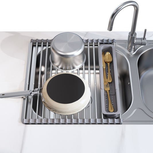 Roll Up Dish Drying Rack Over The Sink, 17.1”x13.1”, 18 Silicone Wrapped Steel Rods Heavy Duty, Non-Slip, Oil and Rust Resistant, Heat Resistant Up to 400°F / 204°C (Medium 17.1”x13.1”)
