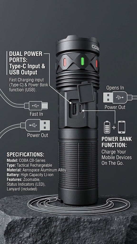 COBA CB-W702 Heavy Duty Tactical Flashlight (With Power Bank Function)